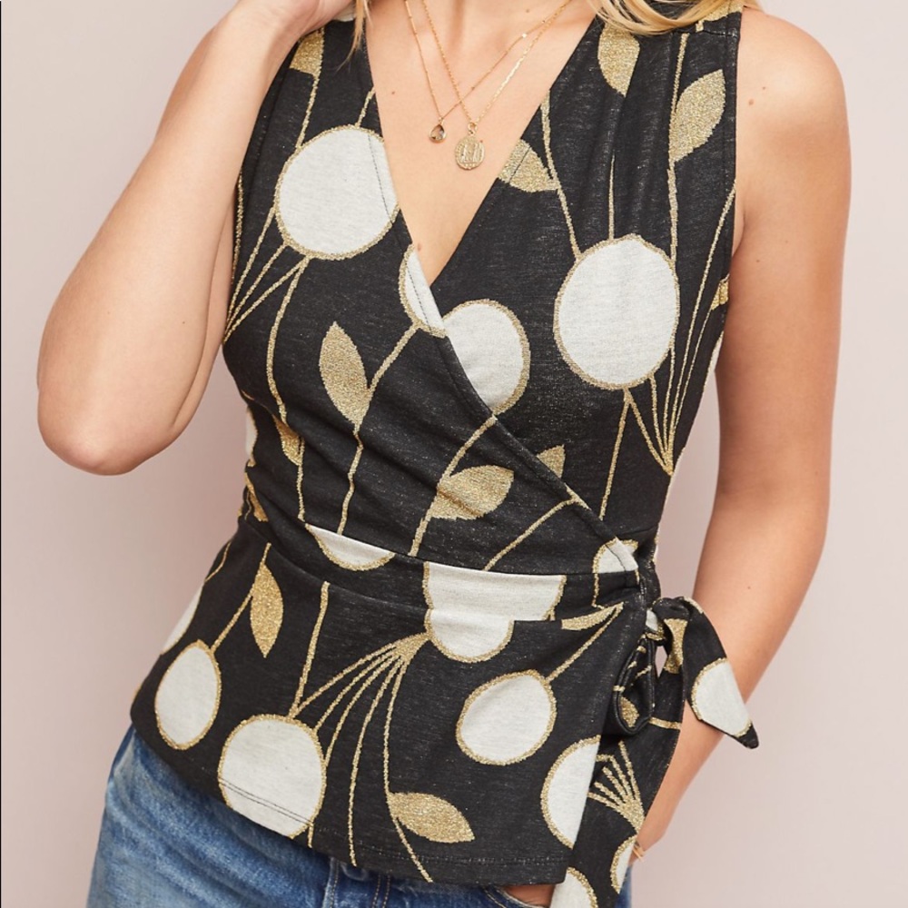 Anthropologie Black and Gold Wrap Top - Picture 4 of 17